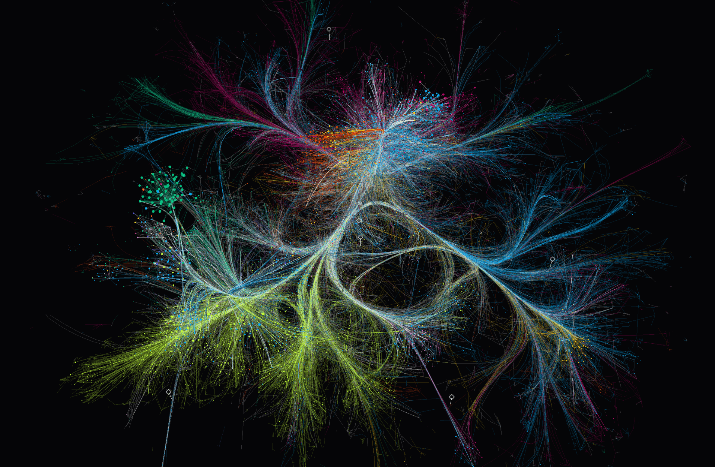 150 Years of Nature: a network visualization of scientific publications and their interconnections, rendered as luminous branching filaments on black.